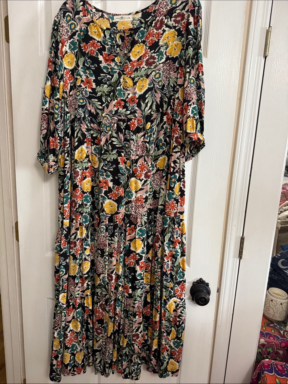 Natural Life Sage Tiered Flowy Gold Fall Floral Maxi Dress